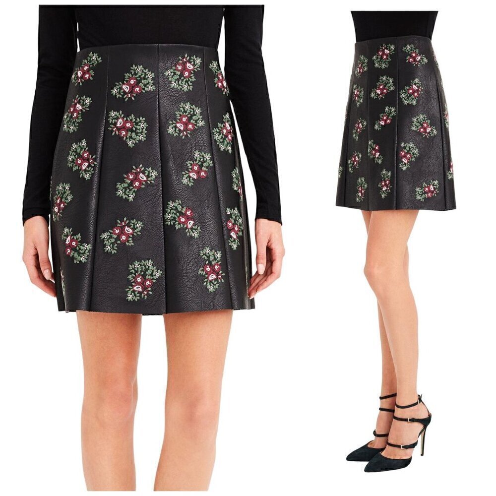 Club Monaco Edvard Embroidered faux leather skirt, size 0, Black